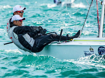 ハイクアウト（風で倒れないように上体を船の外側に反り出すこと）で世界トップ選手と競り合う中島・伊藤ペア